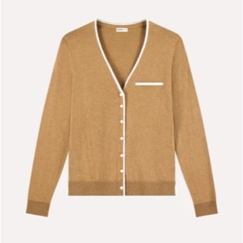 Minnie Rose Supima Cotton V Nk Ls Cardi With Tipping Style 9226 In Desert Sand W